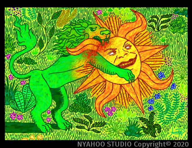 green lion eat sun